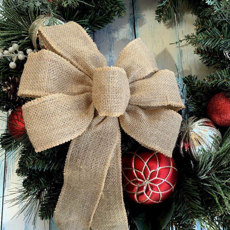 GiftWrap Etc. Natural Burlap Ribbon Wreath Bow - 10" Wide, 18" Long Tails, Valentine's Day, V-Day, Farmhouse, Easter, Fall, Winter, Thanksgiving, Christmas Tree Decoration - Image 4